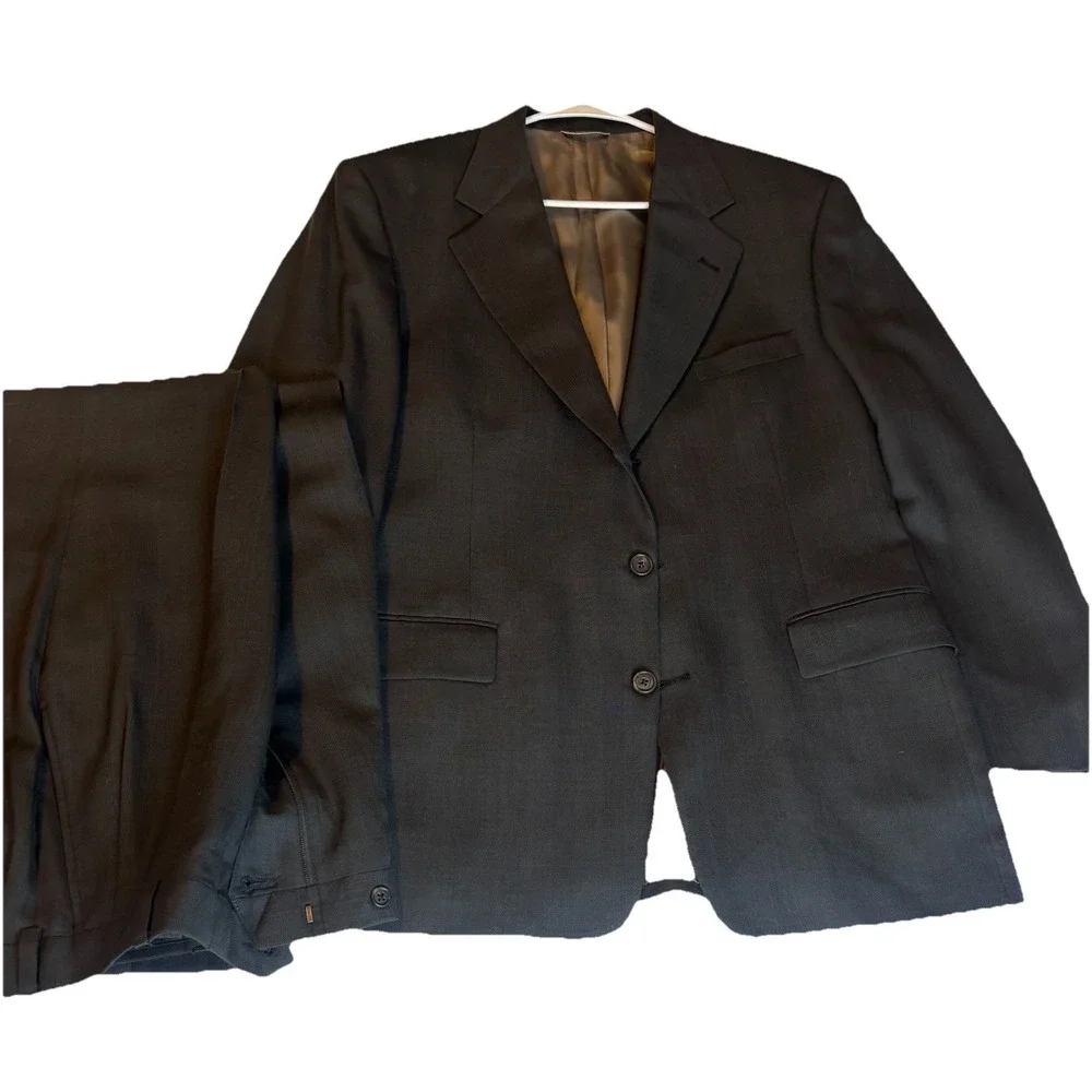 Stafford‎ Black Windowpane Mens 44R/34x29 3Button Suit Wool Pleated Front Cuffed